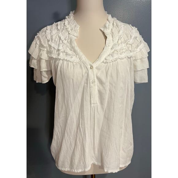 Anthropologie Maeve Short Sleeve Ruffle Yoke Blouse in White - Picture 2 of 11